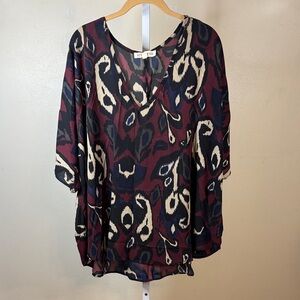 By Together Burgundy and Cream V-Neck Bat Wing Tunic Large